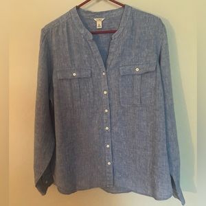 LL Bean XL Linen Shirt Blue Roll Tab V Neck Button Down Blouse Top